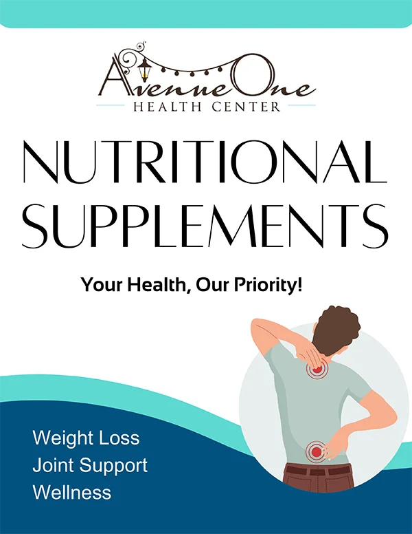 Promotional flyer displaying the text “Nutritional Supplements” with a health-related illustration and bullet list.
